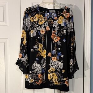 JM Collection Black Floral Blouse with Yellow and Blue Accents L 3/4 sleeve
